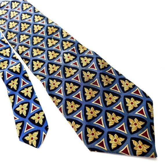 Valentino Blue & Beige Silk Tie‎ Woven Wide Geometric - Picture 1 of 7